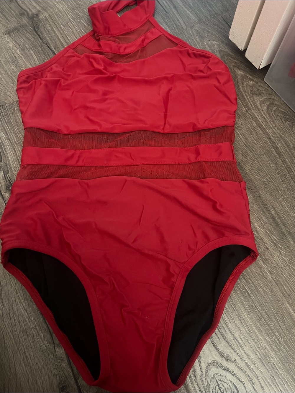 Women’s Red High-Neck One-Piece Leotard with Mesh Panels